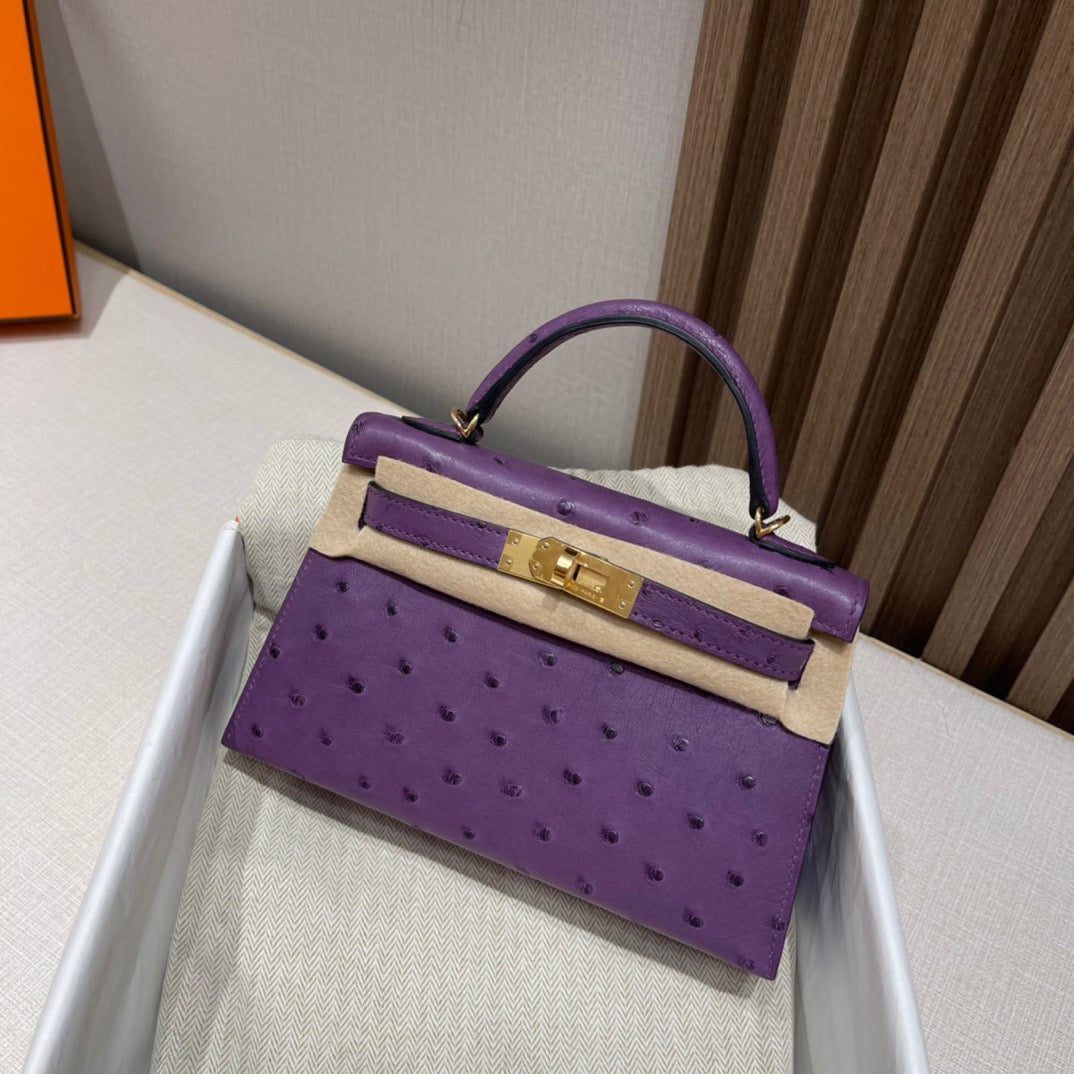 Mini kelly Ostrich Anemone Purple Bag - My Luxury Closet