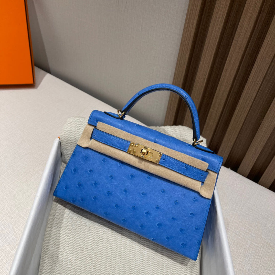 Mini Kelly Ostrich Blue Hydra Bag - My Luxury Closet