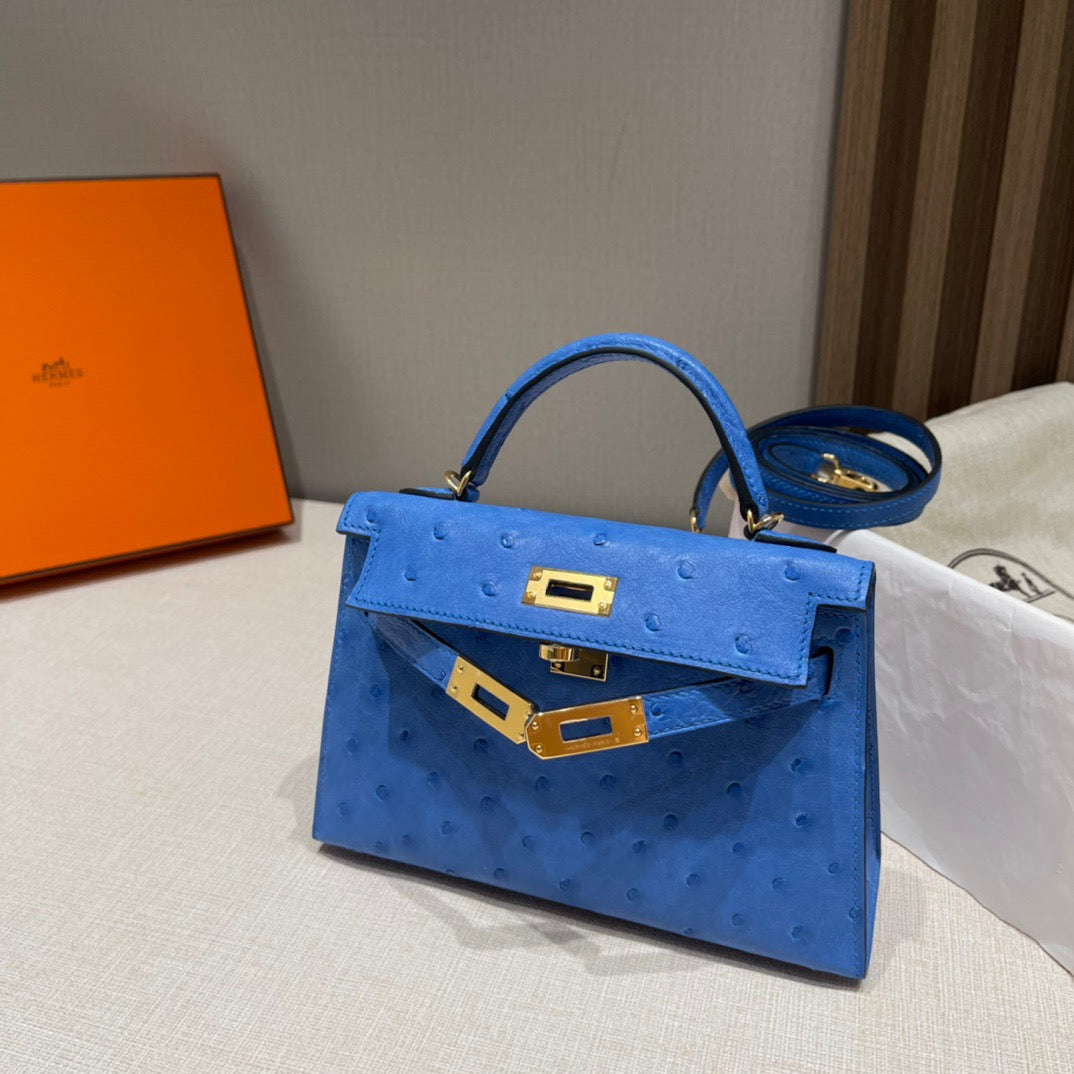 Mini Kelly Ostrich Blue Hydra Bag - My Luxury Closet