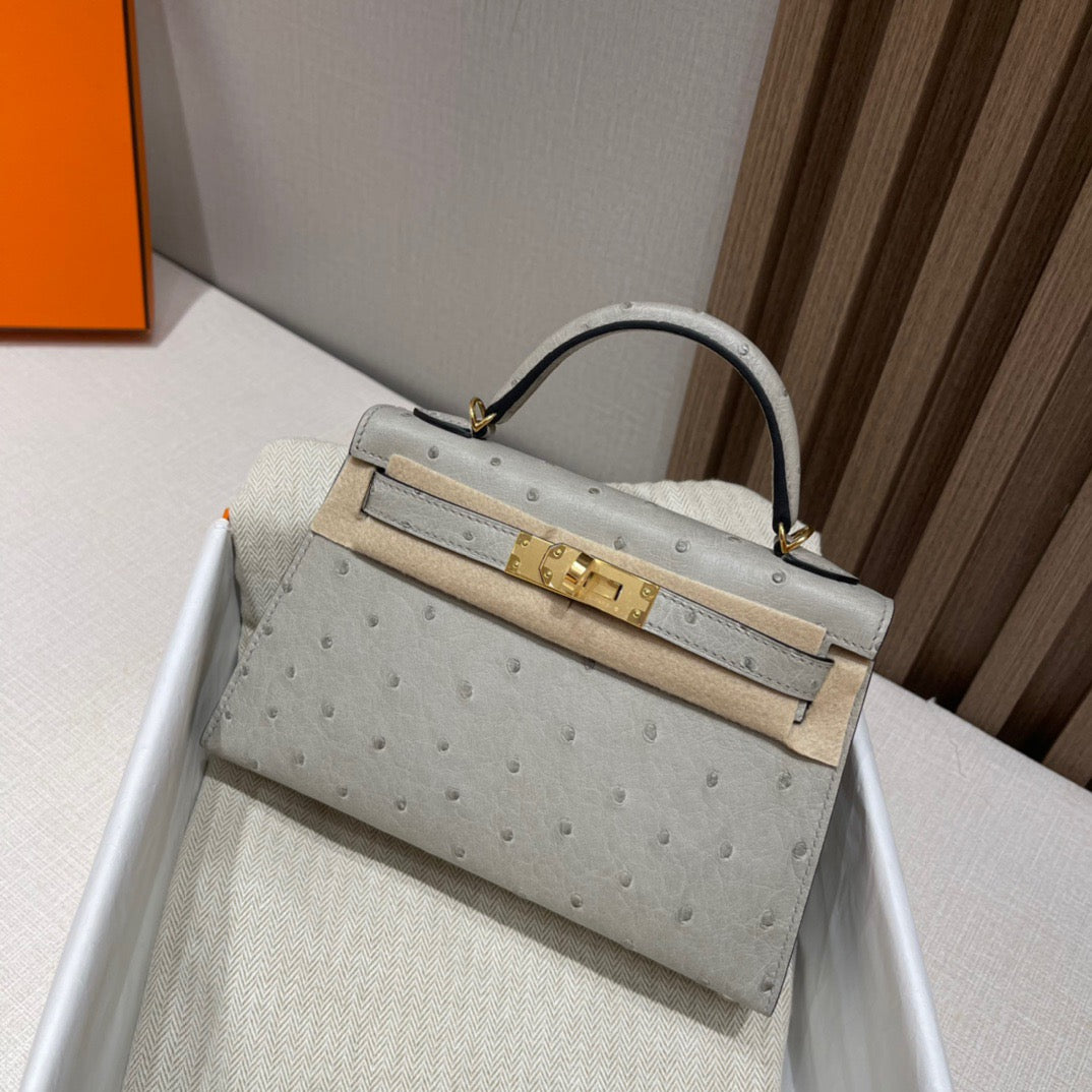 Mini Kelly Ostrich Seagull Grey - My Luxury Closet