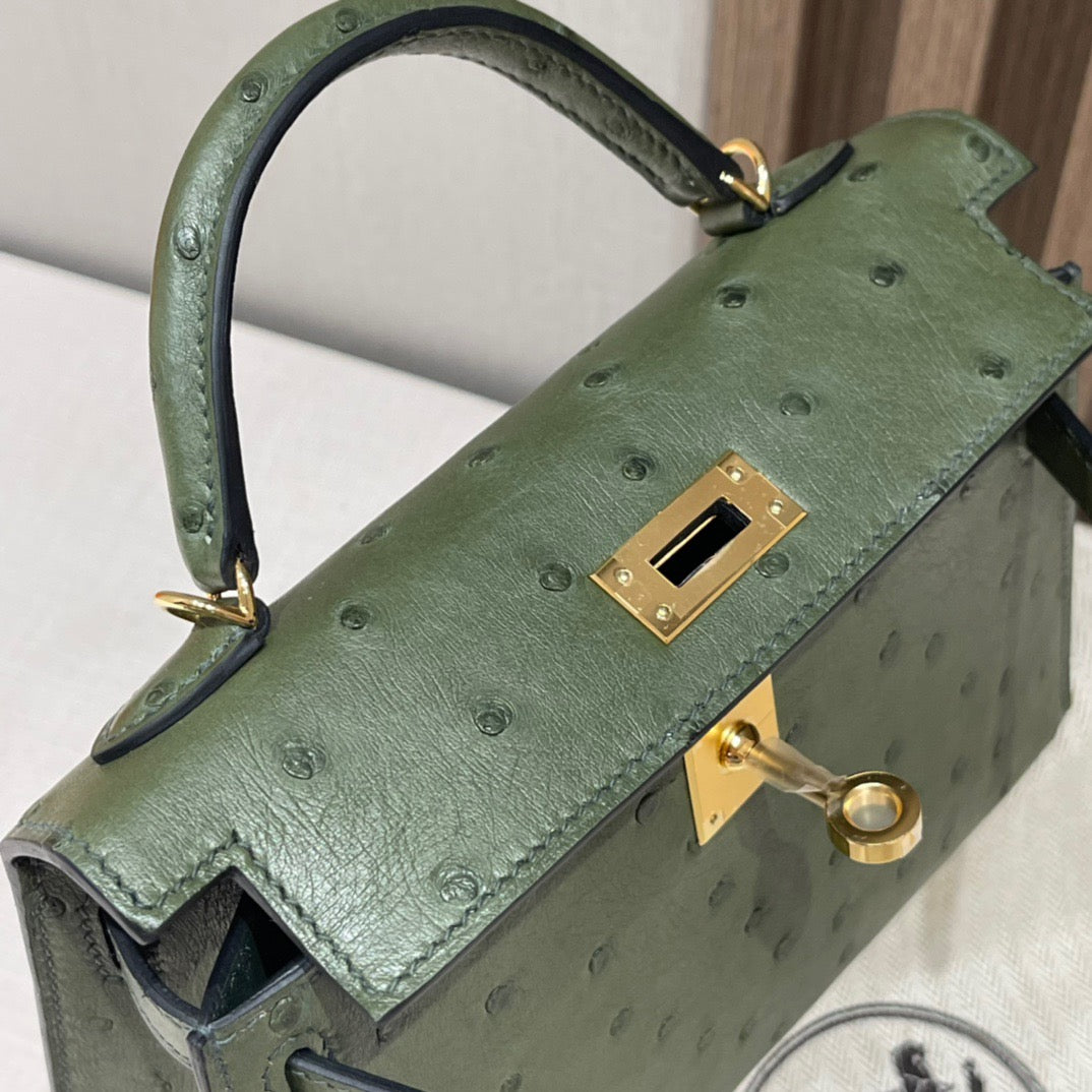 Mini Kelly Ostrich Olive Green - My Luxury Closet