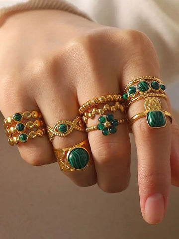 18K Gold Plated Stainless Steel Malachite Ring