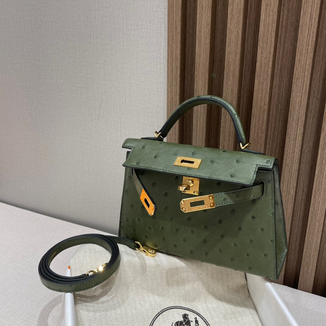 Mini Kelly Ostrich Olive Green - My Luxury Closet