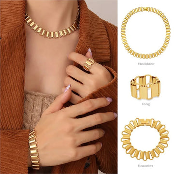 18K Gold and Platinum Plated Stainless Steel Necklace Bracelet Ring