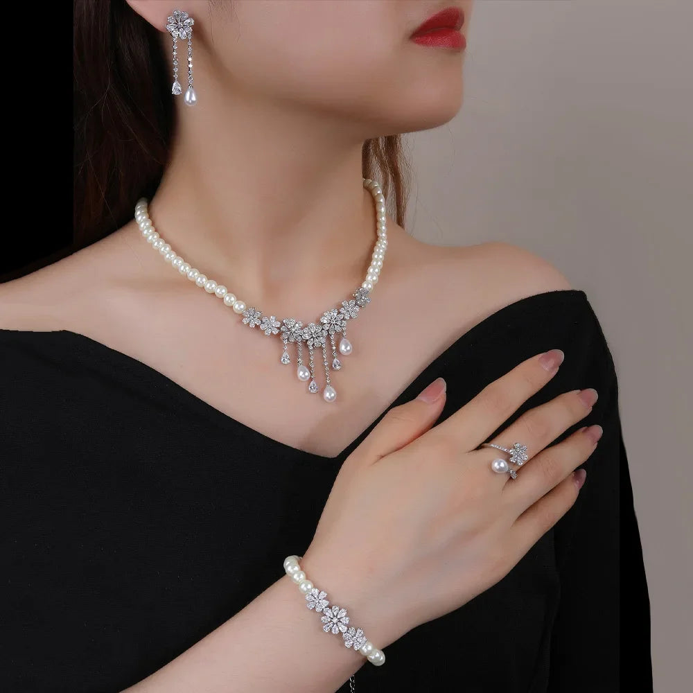 Pearl Cubic Zirconia Platinum Plated Set