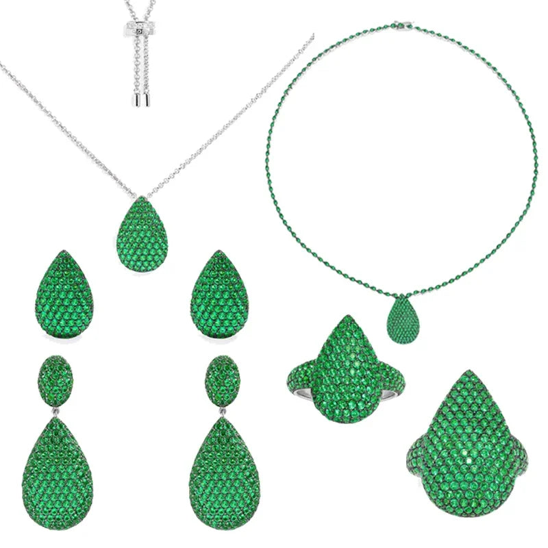 925 Sterling Silver Green Droplet Adjustable Necklace Earrings Ring